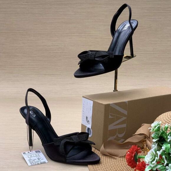 ZARA Embellished Slingback Bow Heels NWT — Size 8 Black Satin - Picture 8 of 16